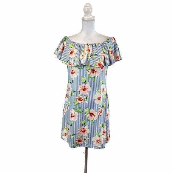 STITCH FIX VERSE Stripe White Blue Floral Off Shoulder Mini Large Dress - Picture 1 of 6